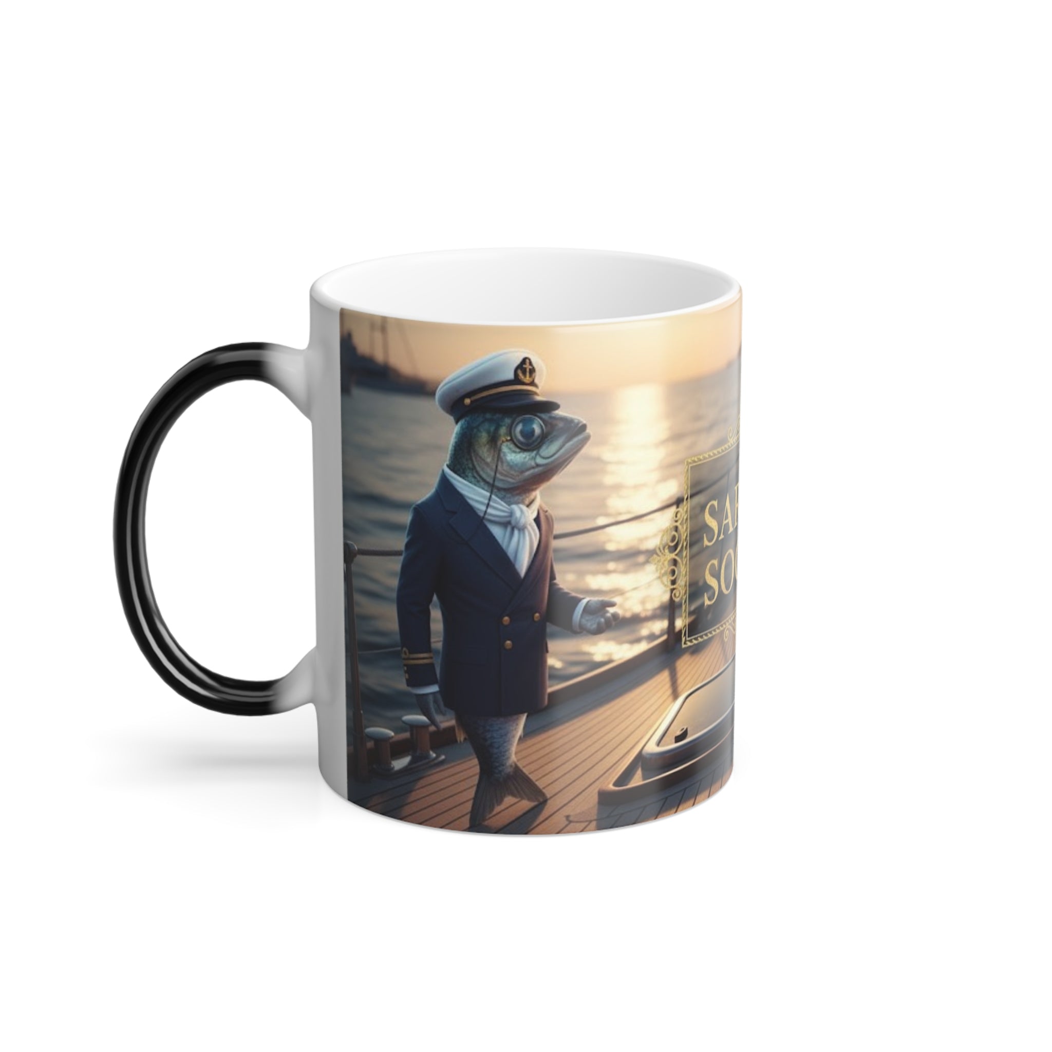 Left side of the nautical-themed Sardine Society coffee cup