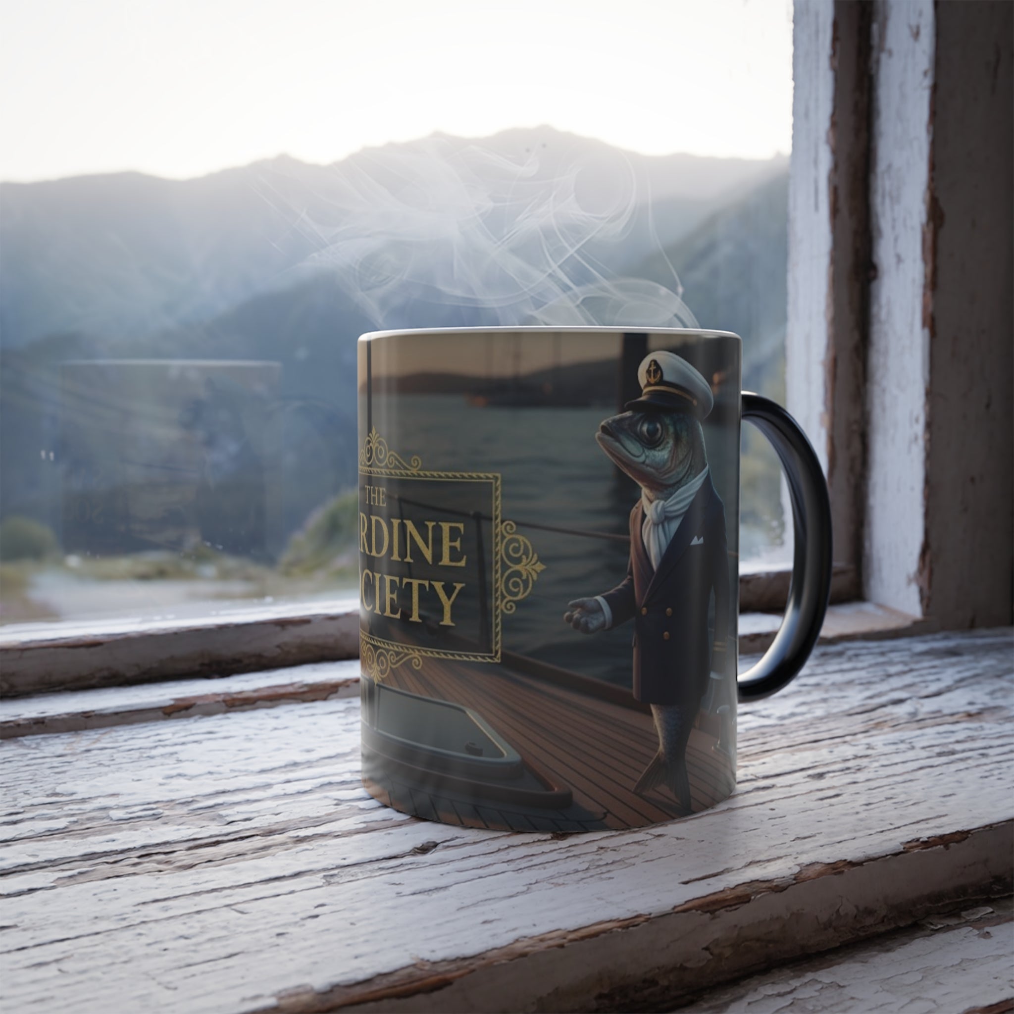Heat-reactive Sardine Society mug near a rustic window