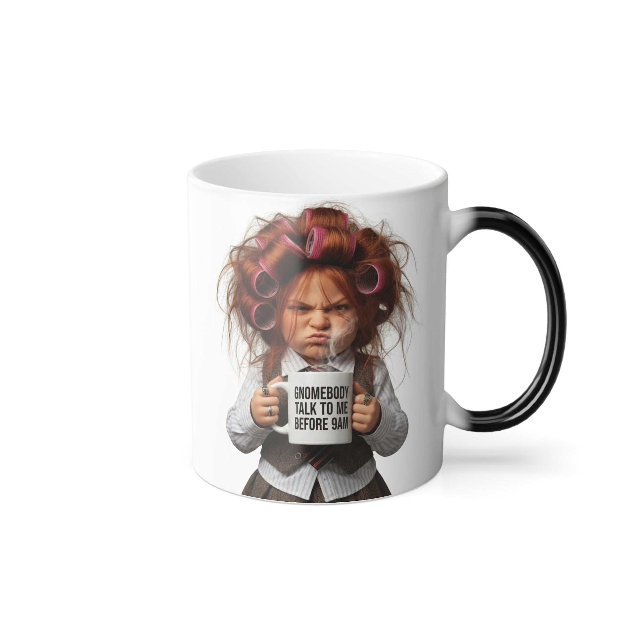 Sassy Gnomebody Talk To Me Before 9AM Magic Mug - color changing magic mug front view before heat reveal by Bluegrass Gifts
