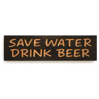 A straight-on, eye-level view of the dark stained Save Water Drink Beer Sign with light carved letters on white