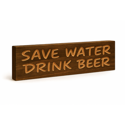 Angled side view of “Save Water Drink Beer” carved wooden sign highlighting depth and engraved lettering.