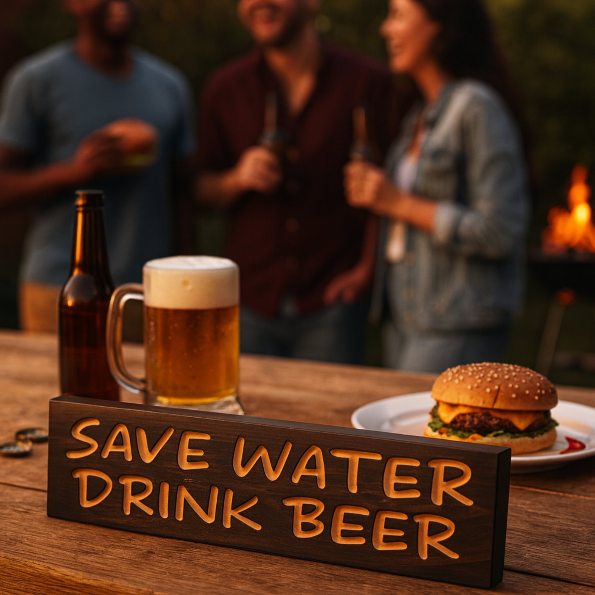 Save Water Drink Beer sign on picnic table at backyard BBQ with beer mugs, bottles, and burgers, perfect outdoor bar decoration.
