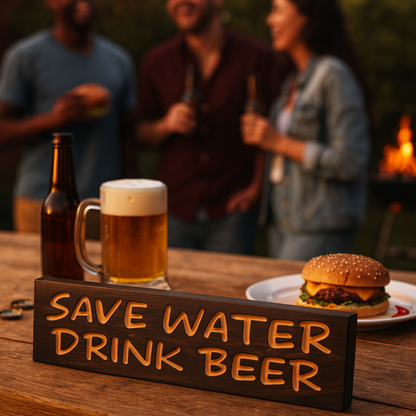 Save Water Drink Beer sign on picnic table at backyard BBQ with beer mugs, bottles, and burgers, perfect outdoor bar decoration.