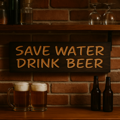 Rustic wooden bar sign that reads “Save Water Drink Beer” hanging on brick wall with beer mugs and bottles, perfect home bar wall décor.