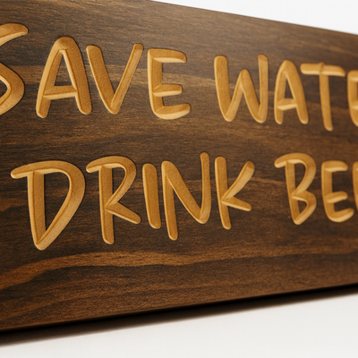 Close-up of carved wooden “Save Water Drink Beer” sign showing engraved lettering and wood grain texture, rustic bar wall art detail