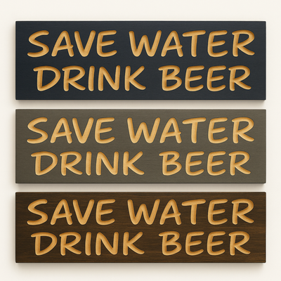 Three finish options of “Save Water Drink Beer” carved wood signs in black, gray, and brown, showing customizable home bar décor styles.