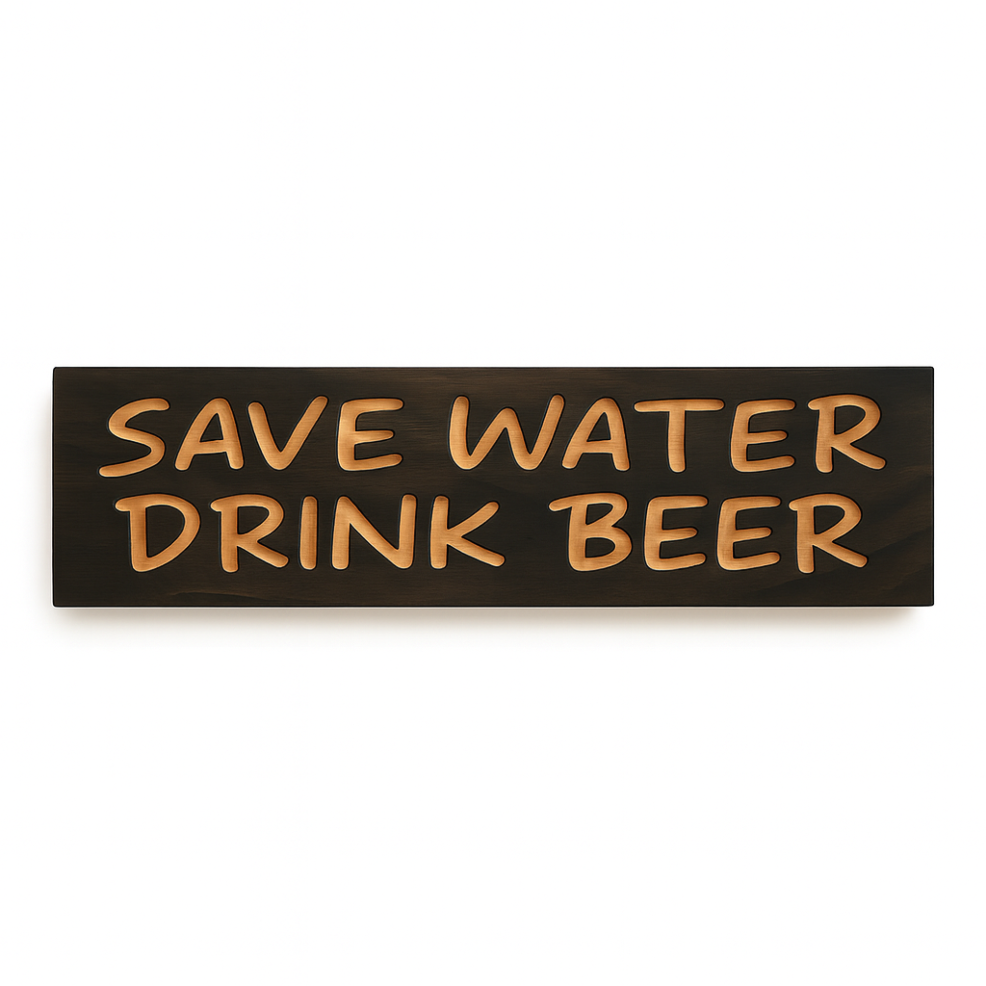 Front view of “Save Water Drink Beer” wooden wall sign on white background, ideal for man cave, bar, or pub décor.