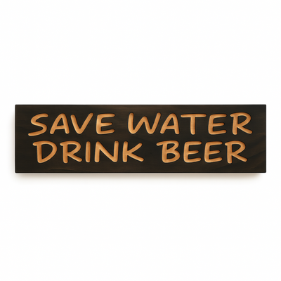 Front view of “Save Water Drink Beer” wooden wall sign on white background, ideal for man cave, bar, or pub décor.