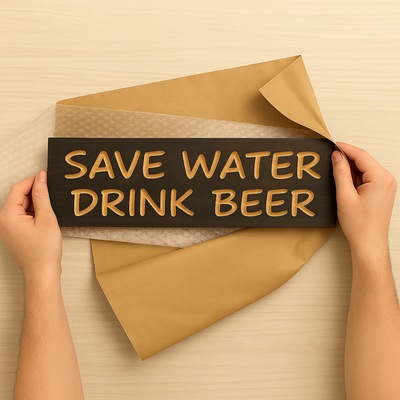 Hands unwrapping a “Save Water Drink Beer” wooden sign in kraft paper, ready-to-gift rustic bar décor.