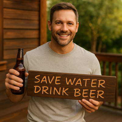 Smiling man holding beer bottle and “Save Water Drink Beer” sign outdoors, casual man cave or patio décor vibe.