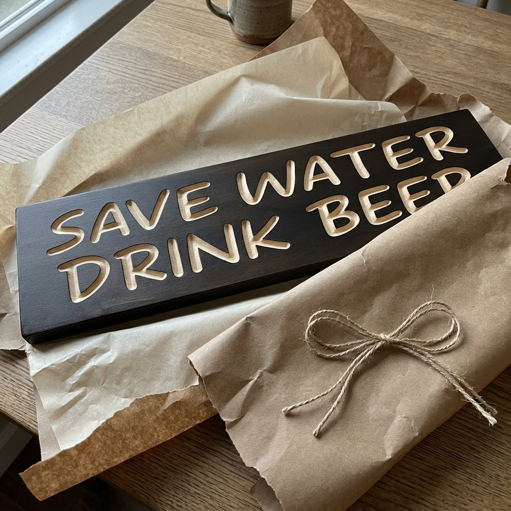 The Save Water Drink Beer Sign is partially unwrapped from brown paper packaging on a light wood table
