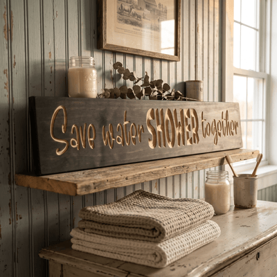Save Water Shower Together sign styled on a farmhouse bathroom shelf with towels and candles.