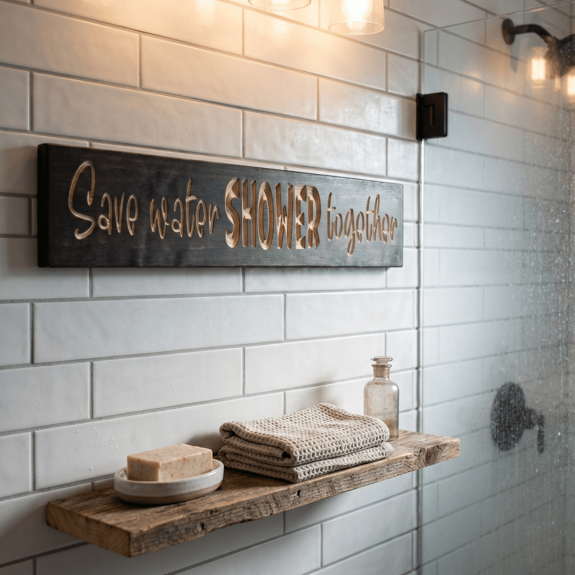 Save Water Shower Together sign mounted in a modern subway tile master bathroom.