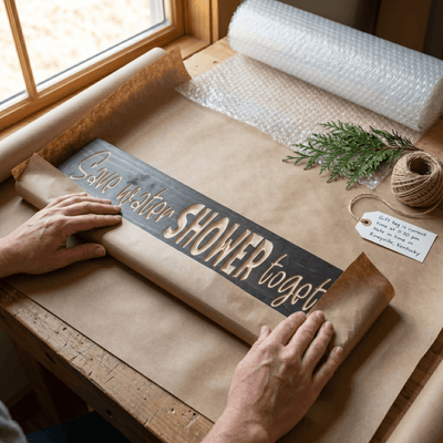 Hands wrapping a Save Water Shower Together sign in kraft paper as an anniversary couples gift.