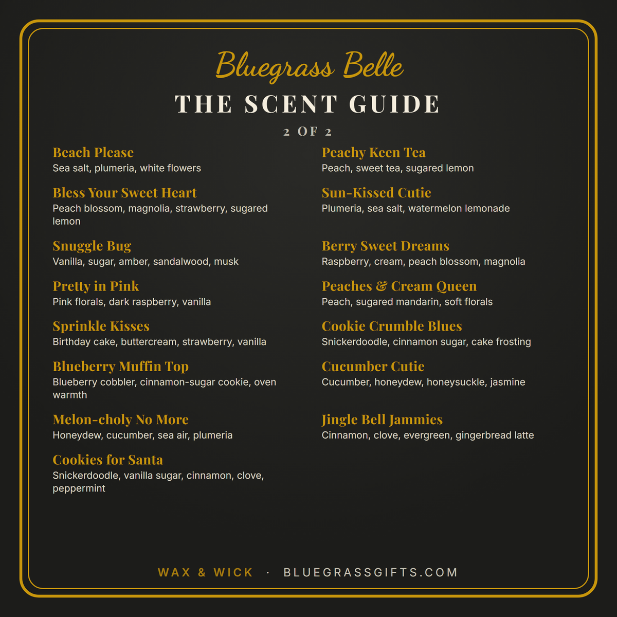 Bluegrass Belle scent guide, page 2 of 2: fifteen more wax melt scents and their notes