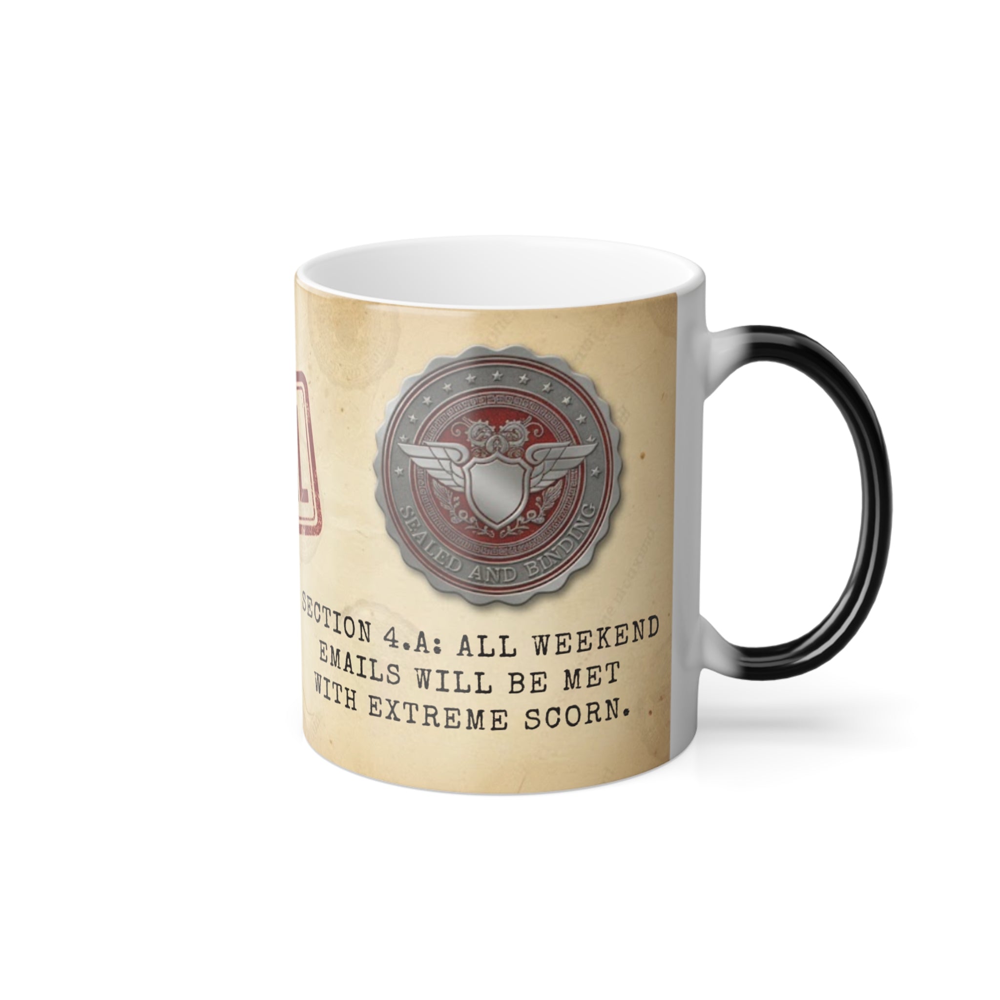 Full view of the heat-reveal magic mug with 'SEALED AND BINDING' emblem and 'Section 4.A' email boundary warning.