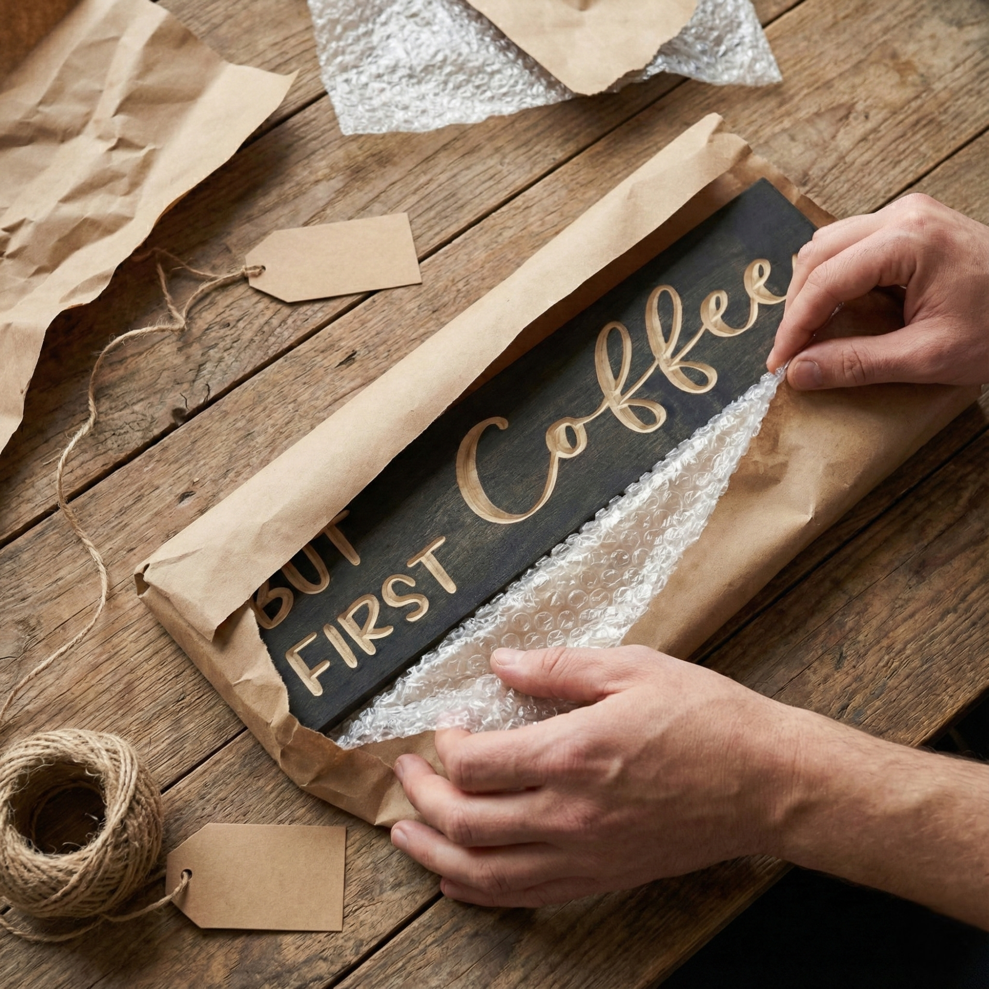 Hands carefully wrapping a carved wood sign in protective bubble wrap and kraft paper to ensure safe shipping from Kentucky.