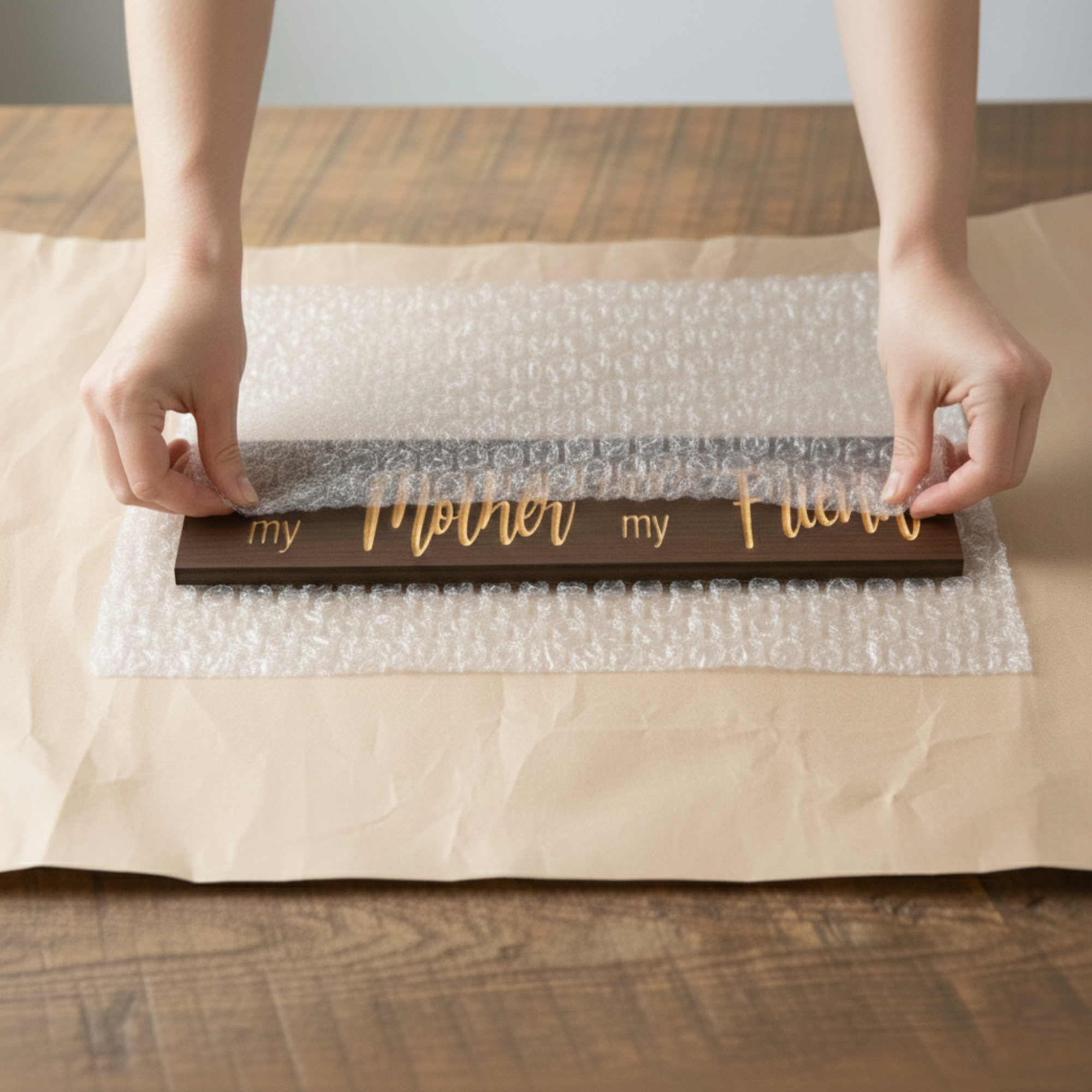 Hands carefully wrapping the handmade wood sign in protective bubble wrap to ensure safe delivery for gifting.