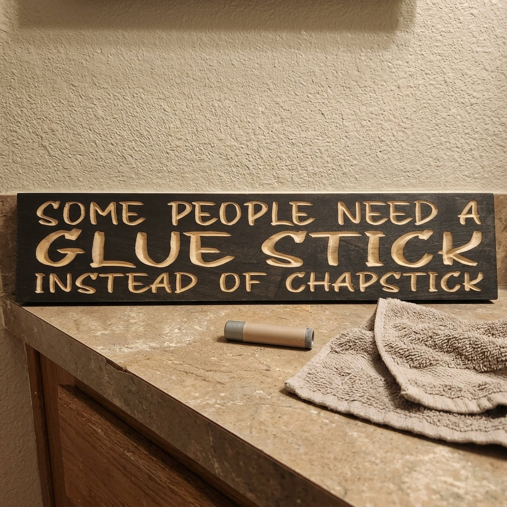 A dark wood STFU Sign with carved light letters rests on a brown counter with chapstick and towels from Bluegrass Gifts