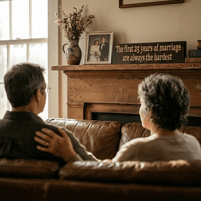 Funny silver anniversary wood sign displayed on rustic fireplace mantel beside framed wedding photo with couple on leather sofa in foreground