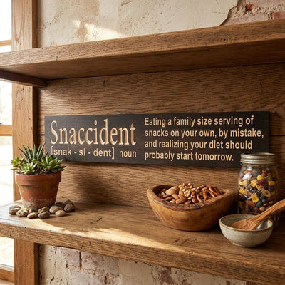 The Snaccident Snack Station Sign is displayed on a rustic wooden shelf with snacks, a plant, and brick wall from Bluegrass Gifts