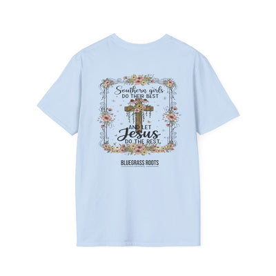 Southern Girls & Jesus Floral Cross Tee - ring-spun cotton fabric texture detail by Bluegrass Gifts