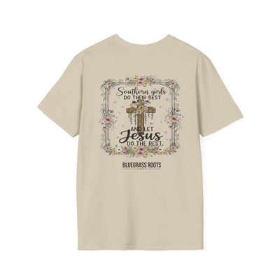 Southern Girls & Jesus Floral Cross Tee - cotton graphic tee folded display by Bluegrass Gifts