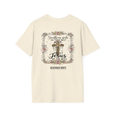 Southern Girls & Jesus Floral Cross Tee - graphic tee displayed on hanger by Bluegrass Gifts