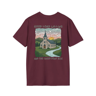 A maroon Southern Heritage Shirt displayed flat, showing the back design of a church and the phrase "Good Lord Willing and the creek don't rise"