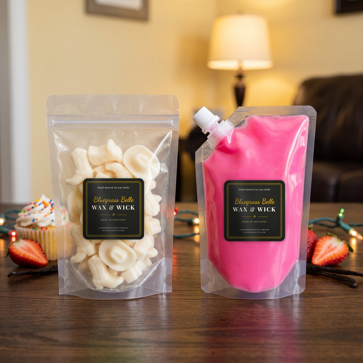 Sprinkle Kisses squeeze wax melt pouch and wax melt tarts by Bluegrass Belle Wax & Wick
