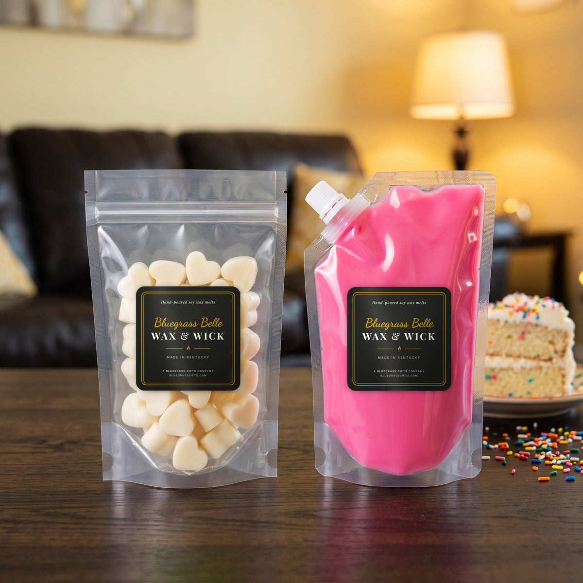 Sprinkles on Top squeeze wax melt pouch and wax melt tarts by Bluegrass Belle Wax & Wick
