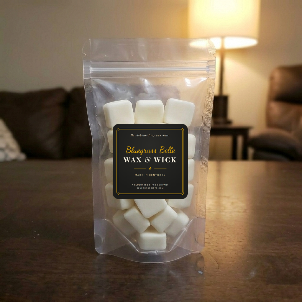 Clear stand-up pouch of rounded square wax melts with the Bluegrass Belle label