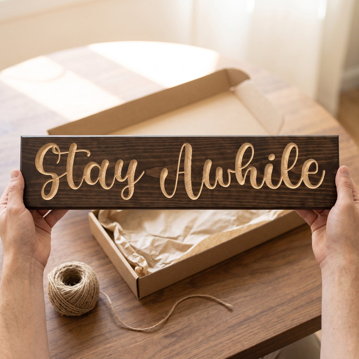 Hands holding the Stay Awhile sign over a kraft gift box with tissue paper