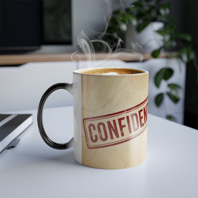 Steaming magic mug with 'CONFIDENTIAL' stamp and hot coffee on a modern office desk with a plant in the background.