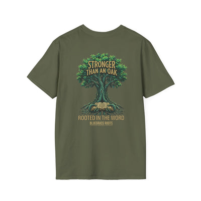 Stronger Than An Oak Rooted in the Word T-Shirt - ring-spun cotton fabric texture detail by Bluegrass Gifts