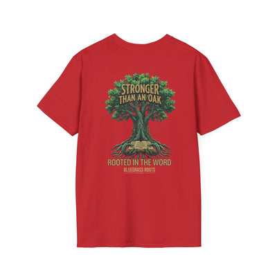 Stronger Than An Oak Rooted in the Word T-Shirt - graphic tee extra angle by Bluegrass Gifts
