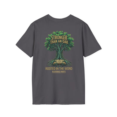 Stronger Than An Oak Rooted in the Word T-Shirt - graphic tee product mockup by Bluegrass Gifts