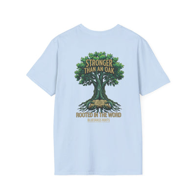 Stronger Than An Oak Rooted in the Word T-Shirt - graphic tee displayed on hanger by Bluegrass Gifts