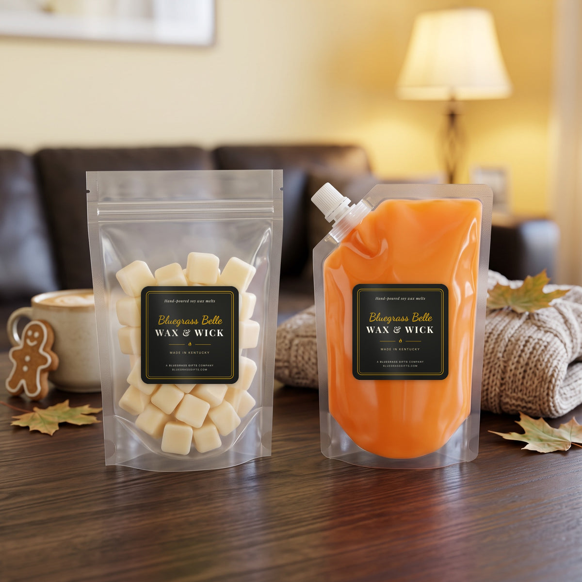 Sweater Weather squeeze wax melt pouch and wax melt tarts by Bluegrass Belle Wax & Wick