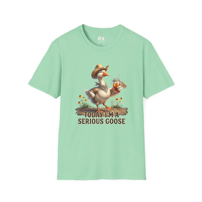 Front view of the mint green Sweet Tea Shirt - Today I'm a Serious Goose tee, laid flat on a white background