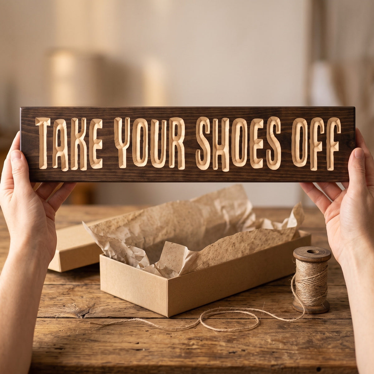 Hands holding the Take Your Shoes Off sign over a kraft gift box with tissue paper
