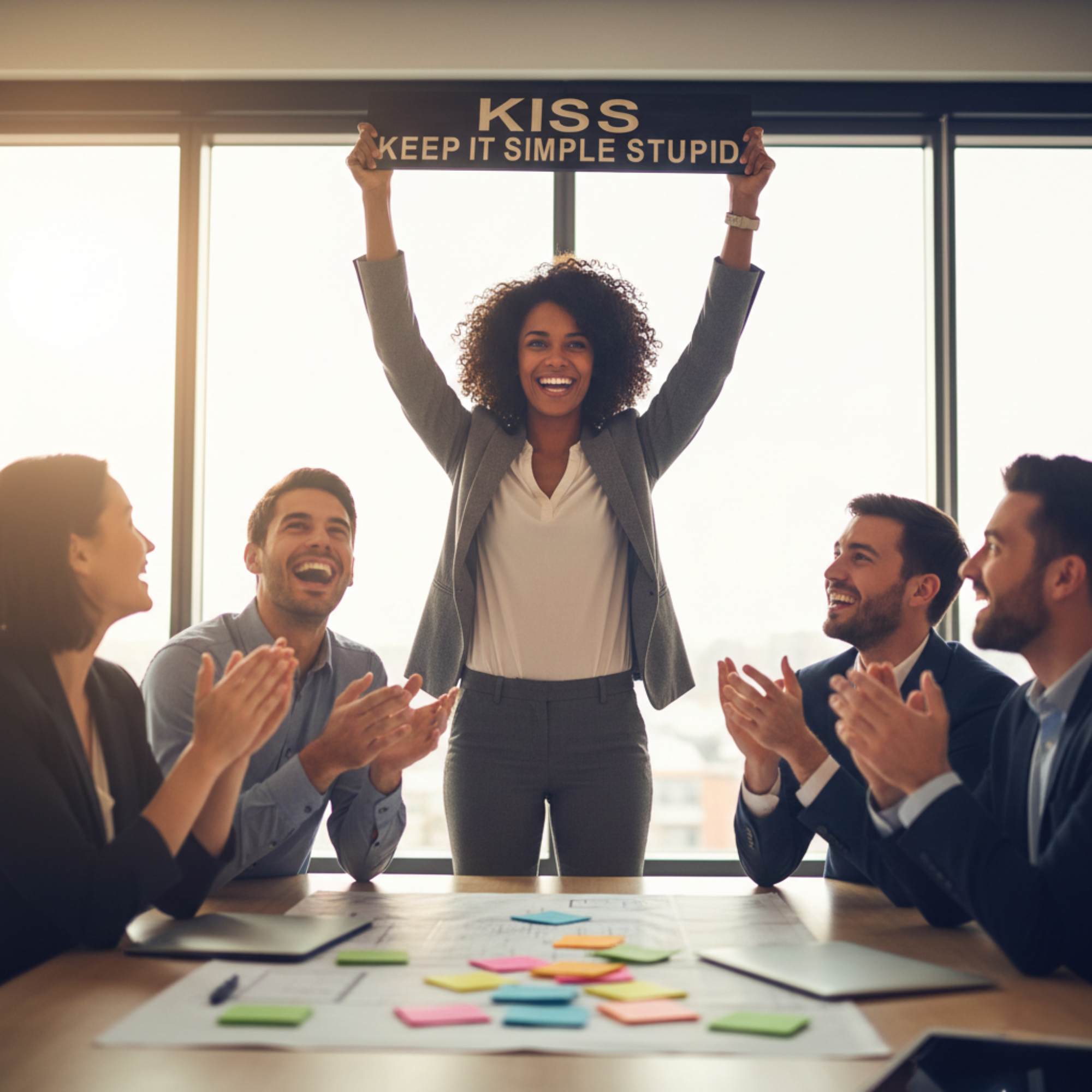 A smiling professional woman holds up a KISS Keep It Simple Stupid sign during a business meeting, illustrating its use as a motivational team-building gift for corporate offices.