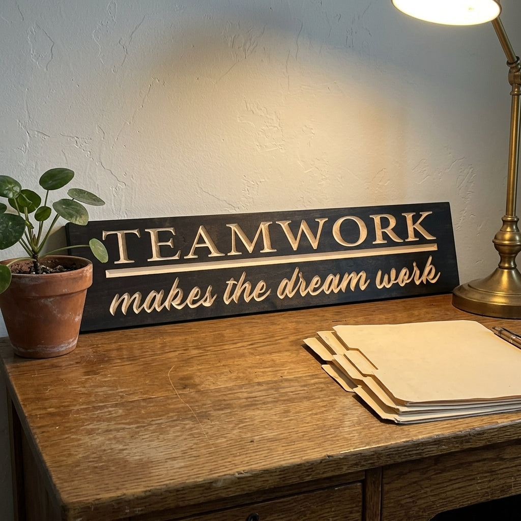Teamwork Makes the Dream Work Sign — Carved Wood Office Decor
