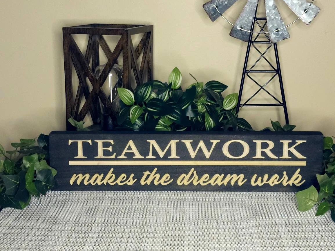 teamwork makes the dream work wood sign - inspirational office sign - CNC-carved by Bluegrass Gifts