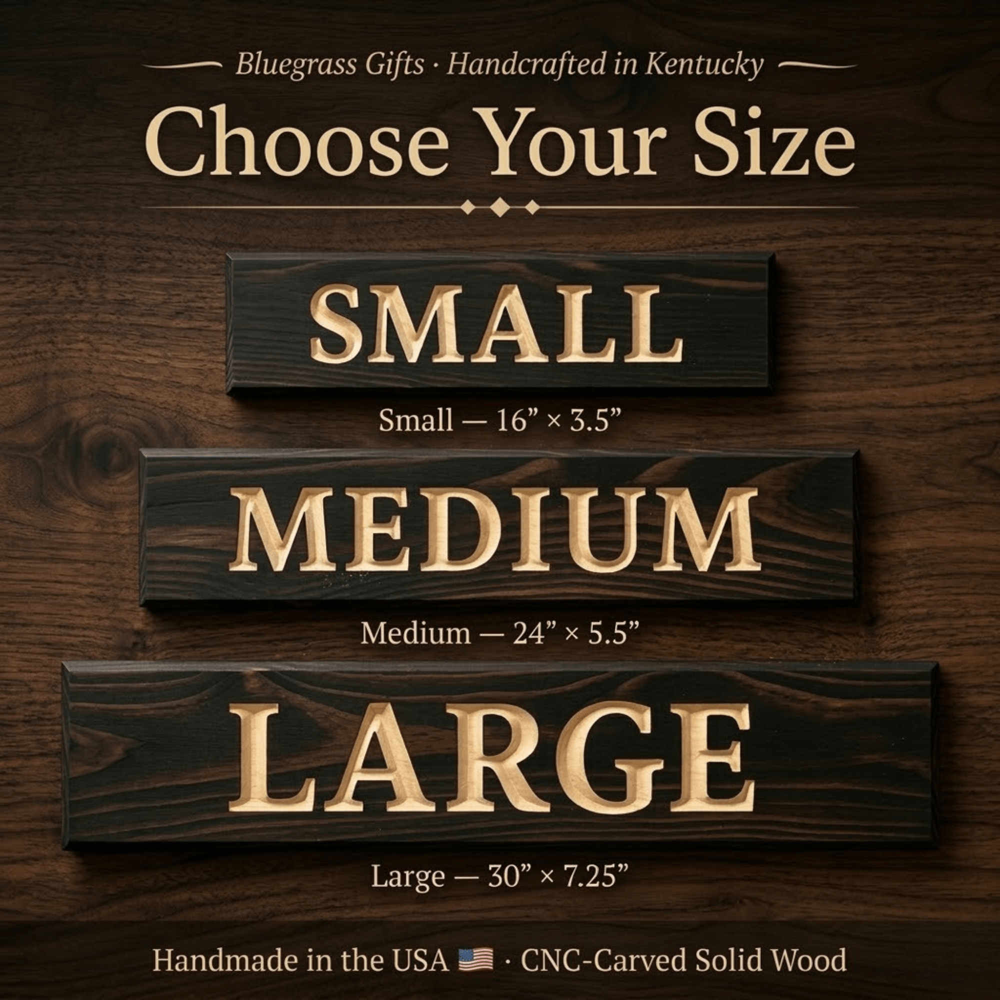 Text Me If You Run Out of TP wood sign size guide showing Small 16x3.5, Medium 24x5.5, and Large 30x7.25 inch CNC-carved options
