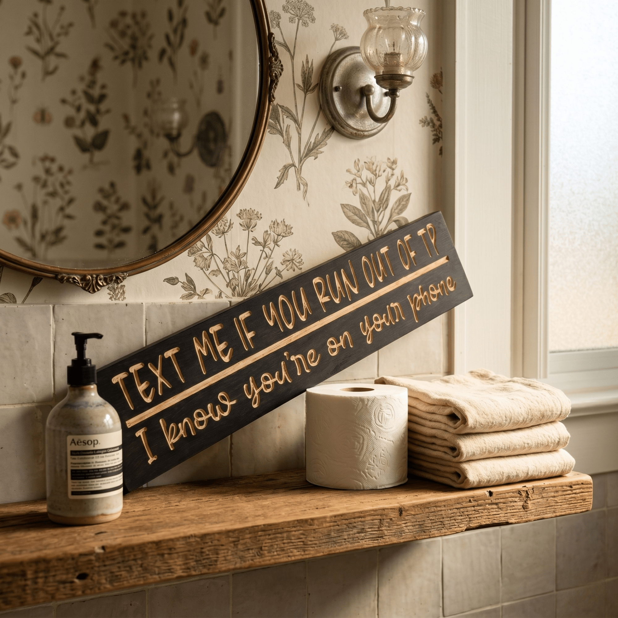 Text Me If You Run Out of TP funny CNC-carved wood sign displayed on a rustic shelf in a cottage bathroom with botanical wallpaper, round mirror, and toilet paper