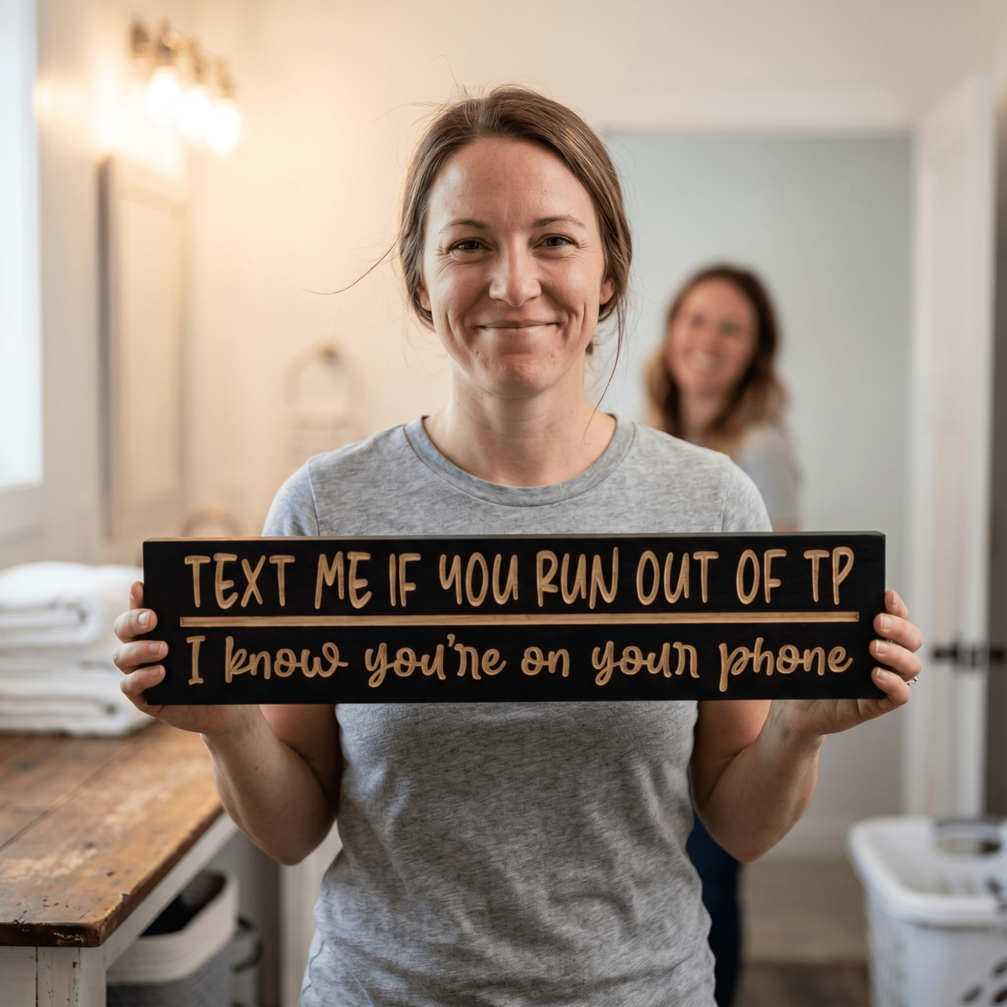 Smiling woman holding the Text Me If You Run Out of TP funny CNC-carved bathroom sign, a perfect housewarming gift with friend laughing in the background
