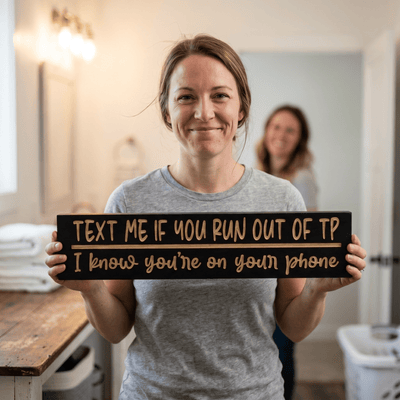 Smiling woman holding the Text Me If You Run Out of TP funny CNC-carved bathroom sign, a perfect housewarming gift with friend laughing in the background