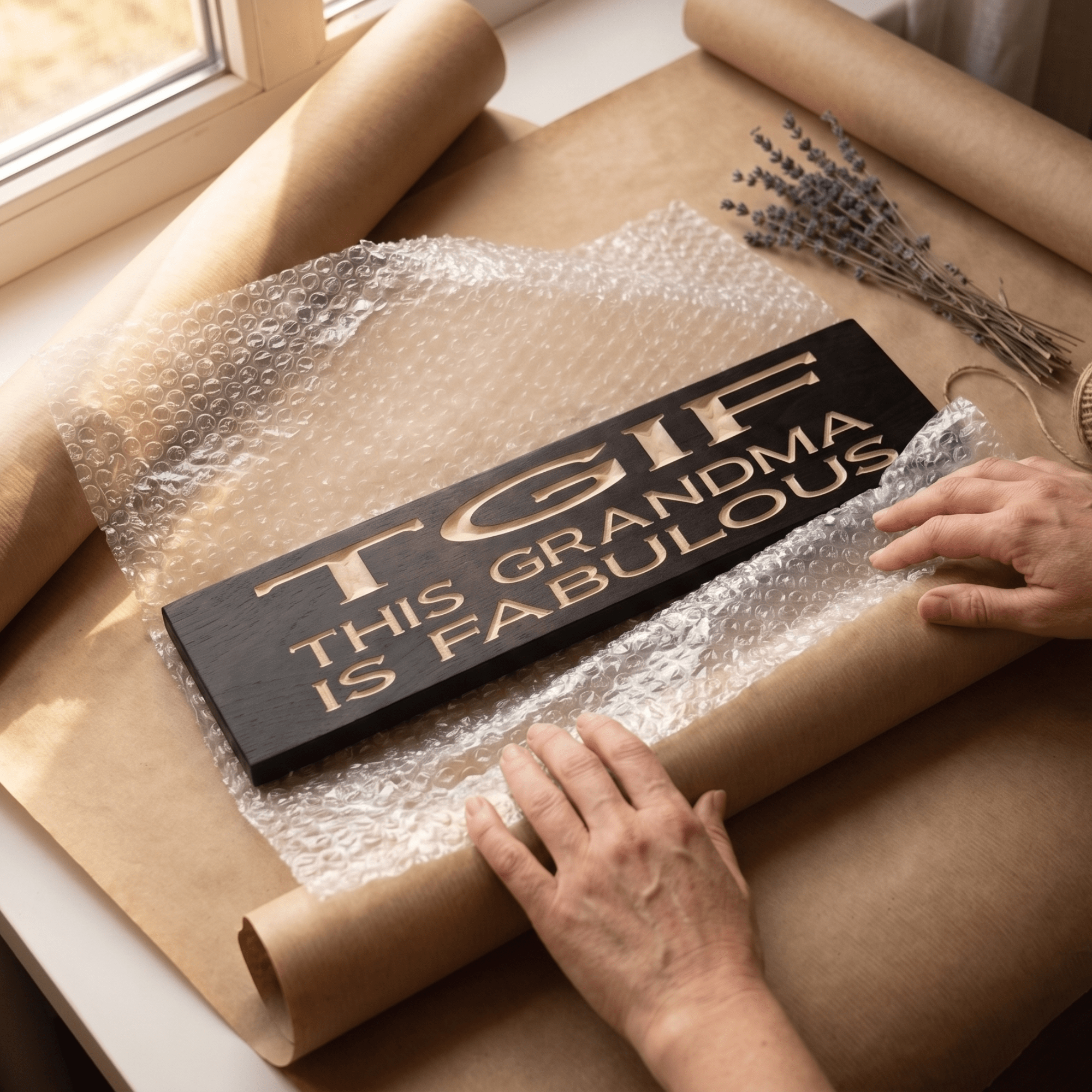 TGIF This Grandma Is Fabulous CNC-carved wood sign in ebony finish being hand-wrapped for shipping at Bluegrass Gifts workshop in Kentucky
