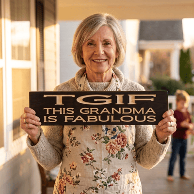Smiling grandmother on a front porch holding the TGIF This Grandma Is Fabulous CNC-carved wood sign, a perfect Mother's Day gift from grandkids